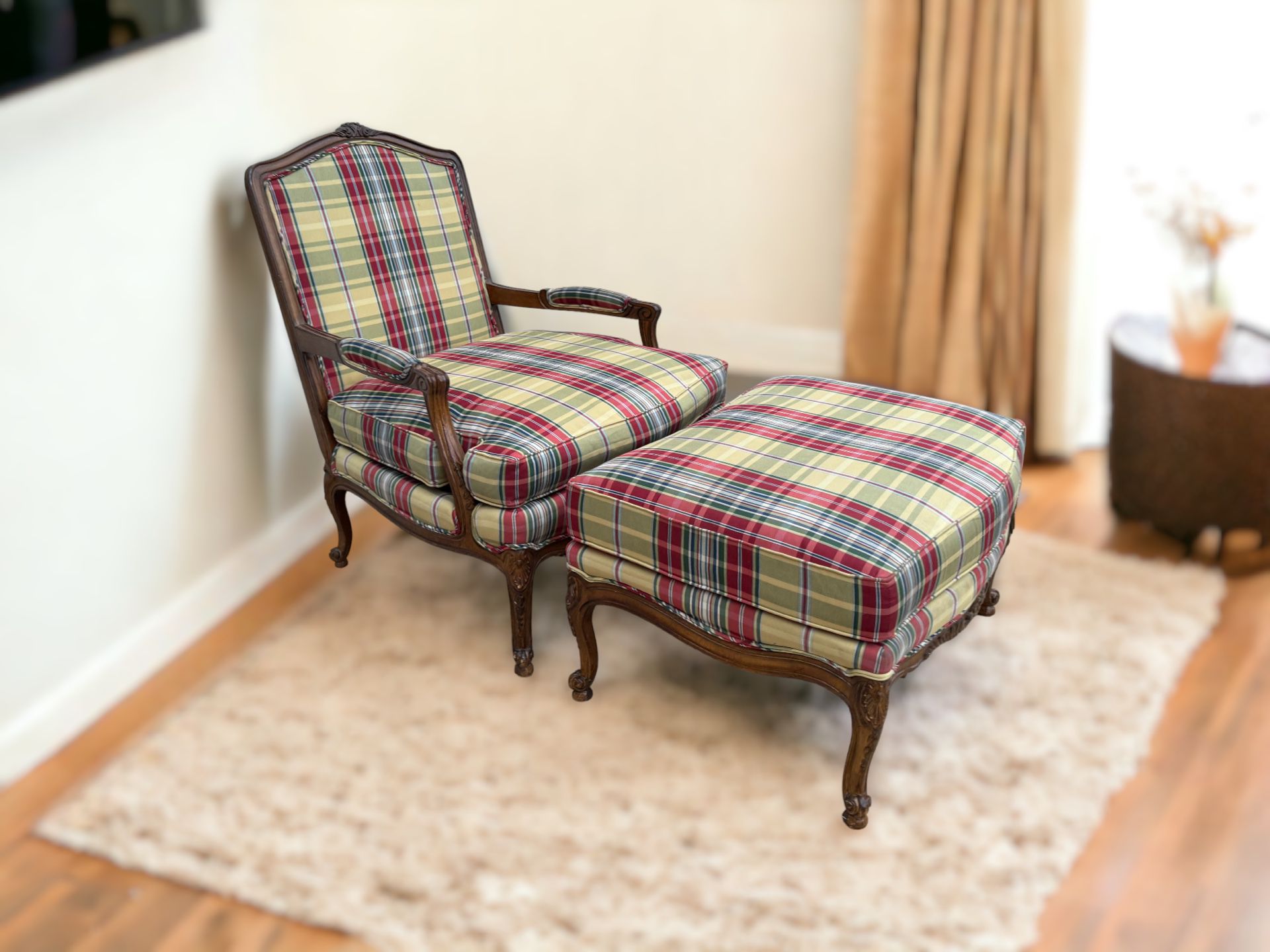 Sherrill Traditional French Louis XV Plaid Fauteuil Armchair & Ottoman
