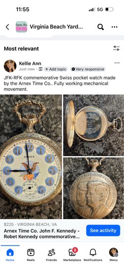 Arnex Time Co. John F. Kennedy - Robet Kennedy commemorative pocket watch  JFK-RFK commemorative Swiss pocket watch made by the Arnex Time Co.. Fully 
