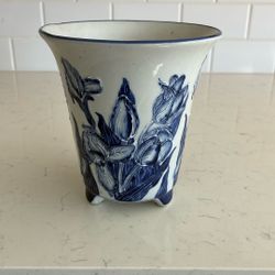 Vintage Blue And White Ceramic Vase with Raised Iris Pattern