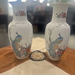 Peacock And Floral Blossom Fine China From Japan, 10.5 in. Porcelain Vases With Gold Trim