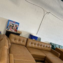 Cassie Tan Leather Sectional Sofa Left Facing Chaise