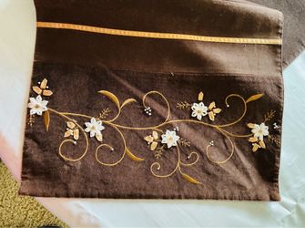 New Table Runner 72” X 14”, Brown With Embroidery And Ribbon Floral Work On Edges.