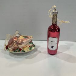 Turkey Platter and Red Wine Bottle Christmas Ornaments