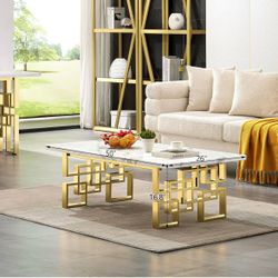 AUZ Coffee Table, 50 inch White and Gold Rectangle Living Room Tea Table, Sofa Coffee Table for Living Room, Guest Hall, Reception Room