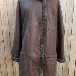 WOMEN'S SHEEPSKIN SHEARLING LEATHER HOODED WINTER OVERSIZED BROWN COAT SIZE L  (M)