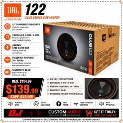 JBL Club Series 122 Component Speaker 12" Subwoofer Switchable 2-Ohm Or 4-Ohm Bass 1200 Watts 🚨 Payment Options Available 🚨 No Credit Needed 🚨