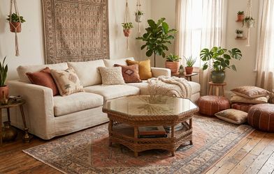 Vintage Boho Hexagonal Wicker Coffee Table with Glass Top