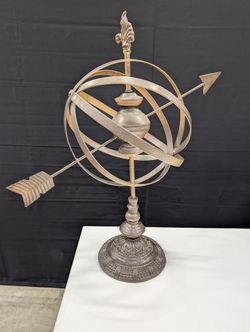Rustic Metal Armillary Sphere Sculpture with Fleur-de-Lis Finial