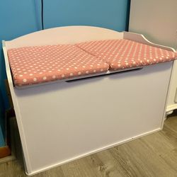 Kids White & Pink Toy box With Fabric Pillow For Seating