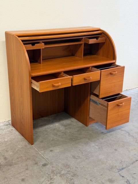 Danish Mid Century Modern Teak Roll Top Desk Tambour Scandinavian Home Office Storage Desk