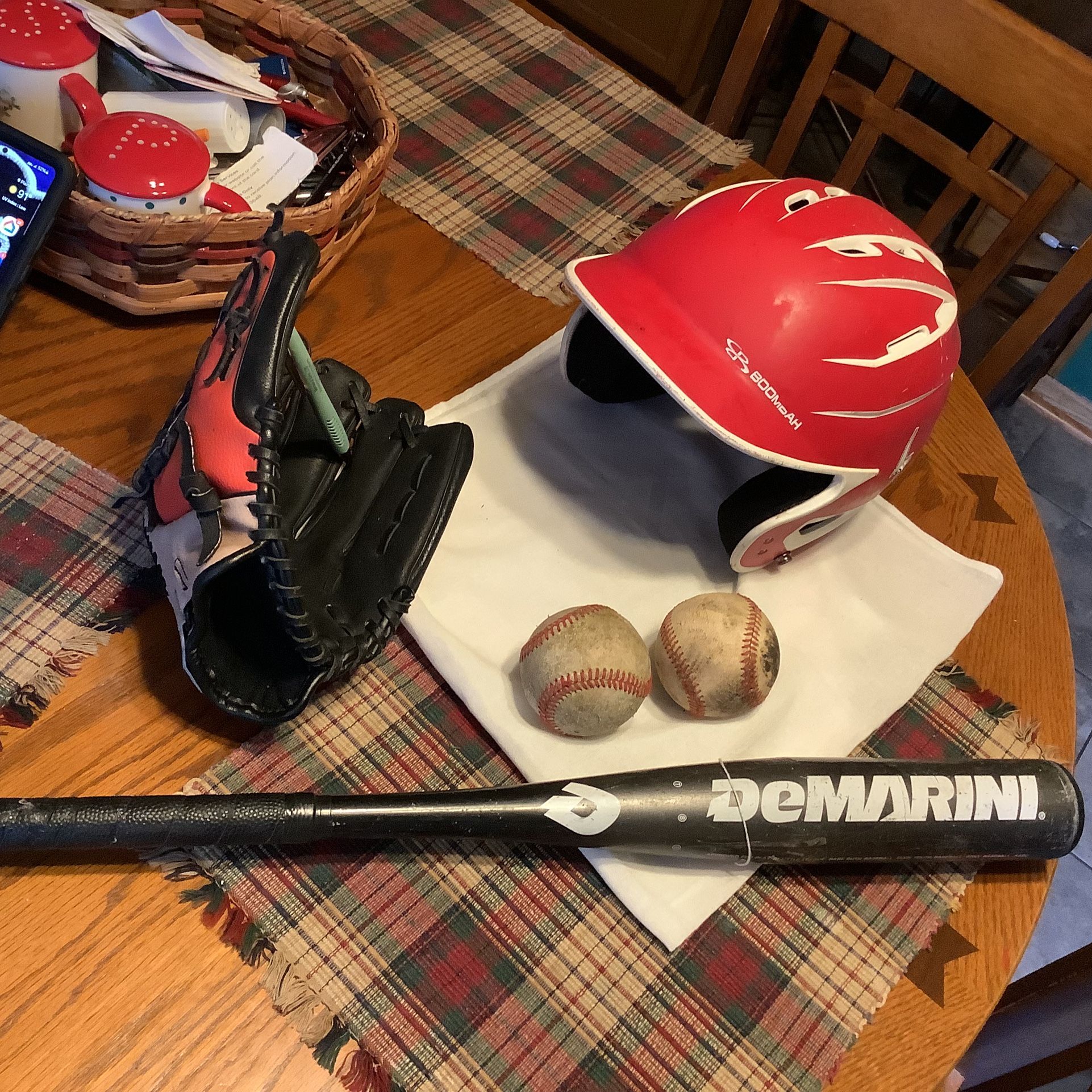 Baseball package including Easton 11.5” baseball glove Velcro-wrist adjust DeMarini baseball bat 28” 17 ounces Boombah baseball helmet size 6 1/4”
