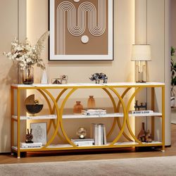 70.8 inch Extra Long Entryway Table,Narrow Sofa Table Behind Couch with 3 Tier Storage Shelves for Hallway, Living Room,Console Table with Gold Frame 