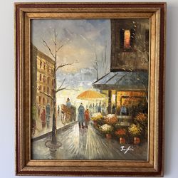 Signed Oil On Canvas Framed MCM City Scene Flower Store