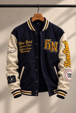 New York Mustangs Varsity Baseball Jacket Navy and Cream