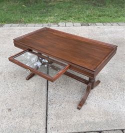 Antique Wooden Coffee Table with Sliding Glass Tray