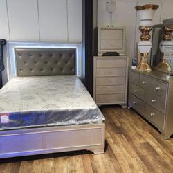 Lyssa Champagne LED Upholstered Panel Bedroom Set, Mattress Sold Separately,  