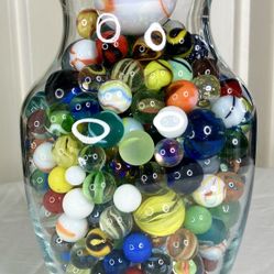 Vase Full Of 375 Marbles Beautiful, Colorful & Collectible  For Play Or Display