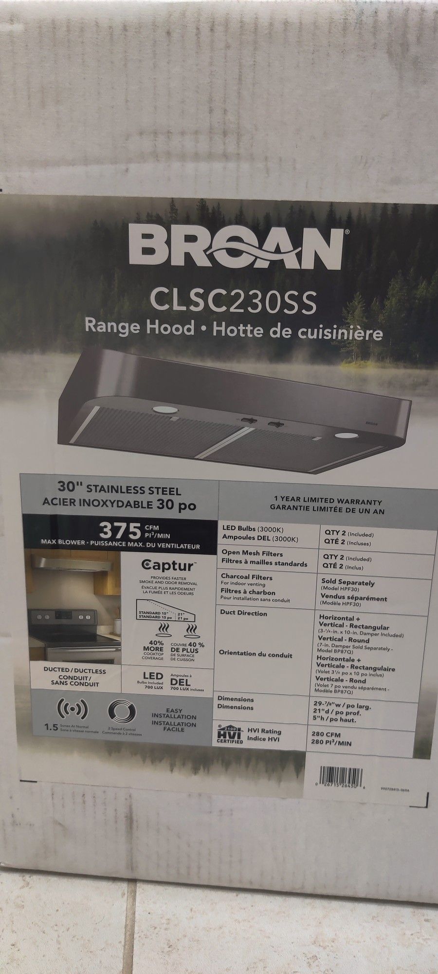 Broan 30in Range Hood Stainless Steel 375CFM Model CLSC230SS - New