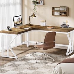 F2226 59-Inch L-Shaped Computer Desk, Industrial Large Corner Office Desk, Writing Study Gaming Table with K-Shaped Metal Legs for Home Office, Living