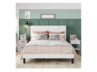 Full Bed Frame, Velvet Upholstered Platform Bed with Adjustable Vertical Channel Tufted Headboard
