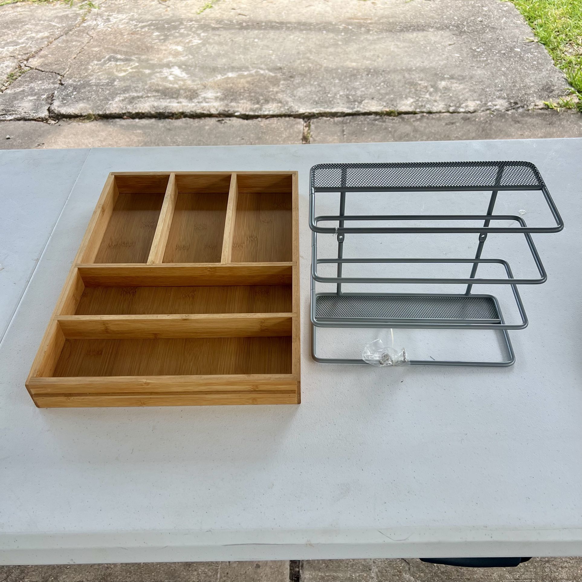 SET OF 2 Wood Bamboo Kitchen Drawer Utensil Organizer + Metal Wall Shelf Storage Basket w/ Hardware
