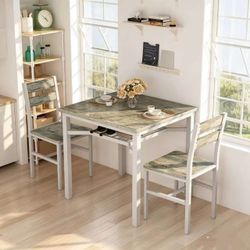 Dining Set, Wooden 2-Person Table and Chair Set, Rust-Resistant Metal Frame with Storage Shelf, Modern Kitchen Dining Set