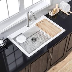 White Workstation Kitchen Sink Drop In 33 Inch 1 Hole - Topmount Fireclay Sink Drop In 33x22, Large Heavy Duty Deep Single Bowl, with 4 Custom Accesso