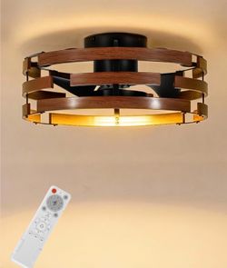 Roomratv Farmhouse Fandelier Ceiling Fan with Lights Flush Mount, 20'' Caged Bladeless Ceiling Fan with Remote,Enclosed Small Fan Light Fixtures Low P