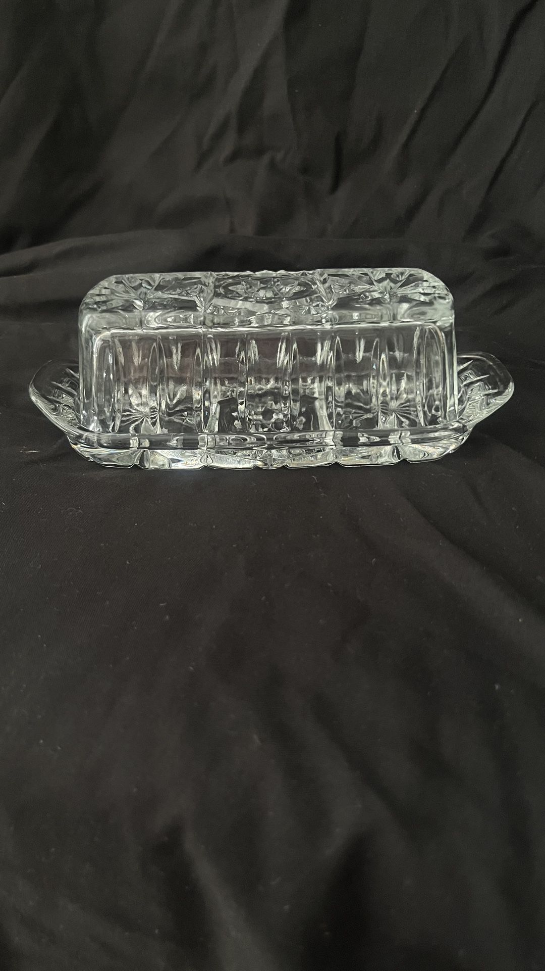 Vintage Crystal Diamond Cut Clear Glass Butter Dish