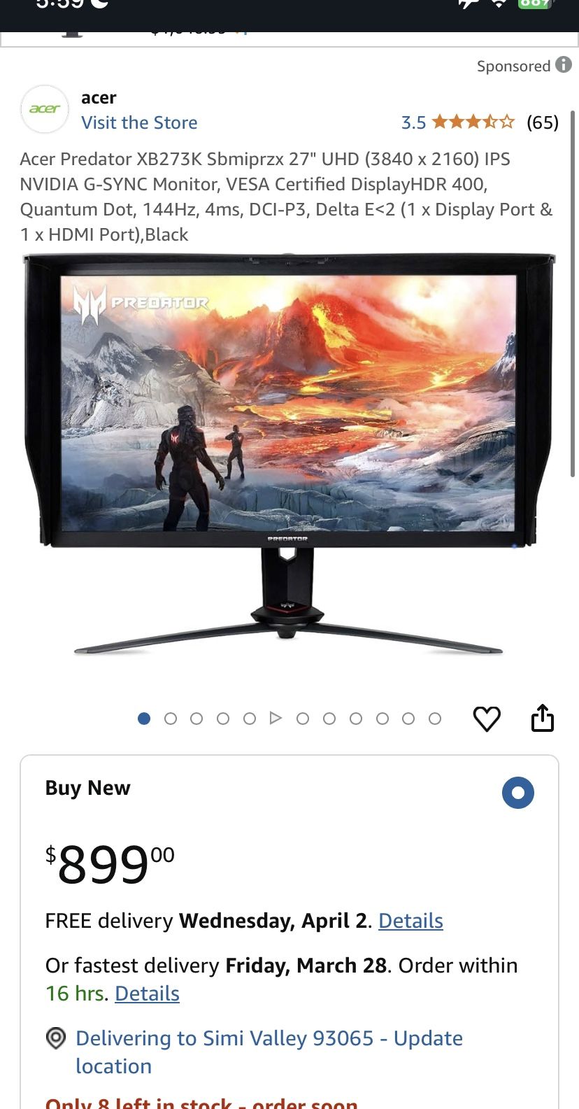 Acer Predator XB273K Monitor 27” Gpbmiipprzx (4K 144 Hz)