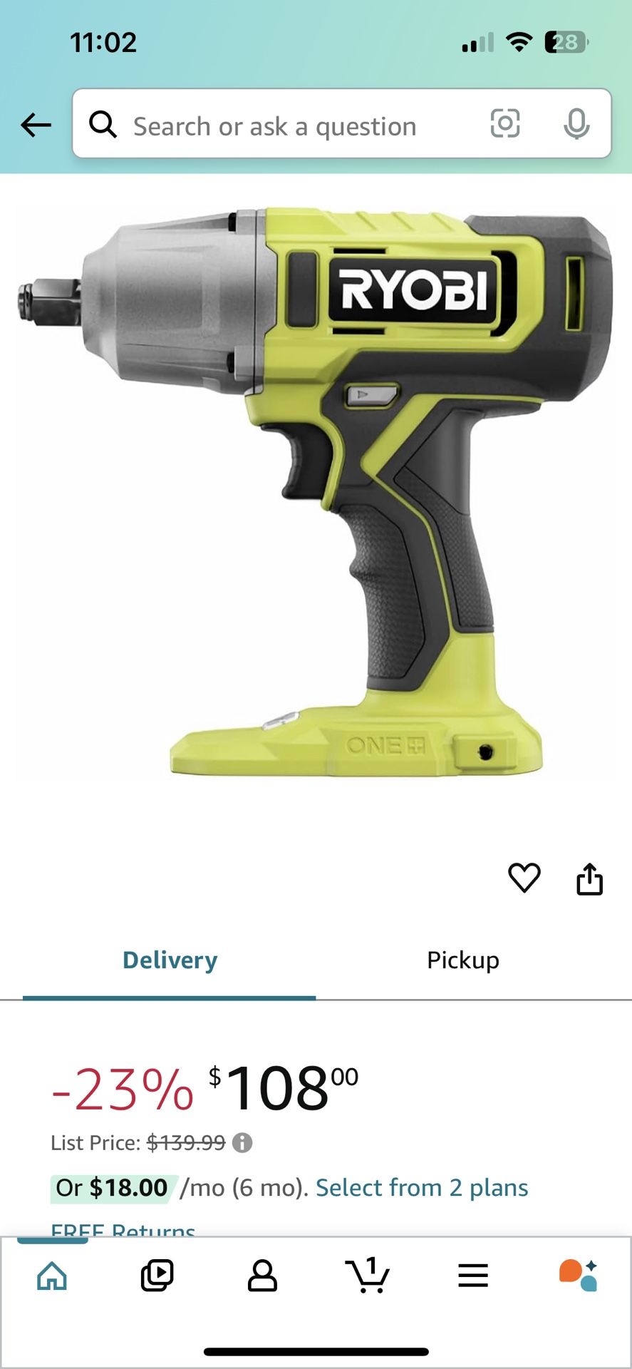 Ryobi PCL265 18V ONE+ Cordless 1/2 in. Impact Wrench