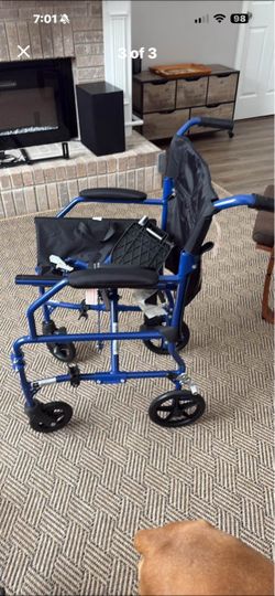 Blue Transport Wheelchair with Storage Bag