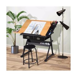 Height Adjustable Drafting Table Drawing Table Artist Desk Tilting Tabletop Art Craft Desk Watercolor Paintings Sketching Work Station w/2 Storage Dra