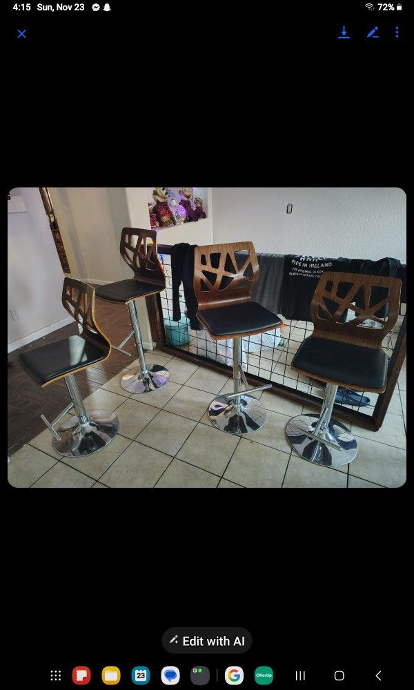 Modern Chrome Wood And Leather Stools