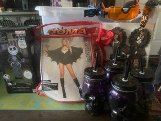 LAST MINUTE HALLOWEEN COSTUME, JACK SKELLINGTON 3.5 INFLATABLE, SKULL MUGS,  ETC $20