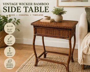Vintage Wicker Bamboo Side Table Boho Rattan Accent Table 27.5” Tall