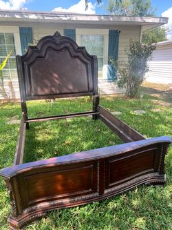 Brown Wood Bed Frame with Leather Headboard