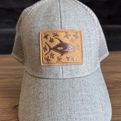 YETI Coolers Trucker Hat Fly Fishing Leather Patch Gray Mesh Snapback Cap