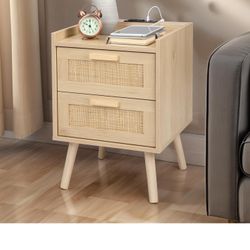 Nightstand with Charging Station, Bedside Table with 2 Hand Made Rattan Decorated Drawers, Night Stand with Storage for Bedroom, Natural

