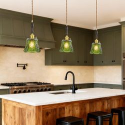 Vintage Green Flower Glass Pendant Lights 3 Pack,