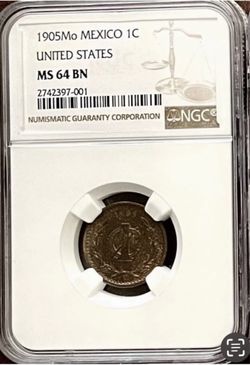 1905 México 1 Cent Monogram  NGC MS 64 BN