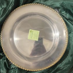 Clear Plastic Disposable Charger Plates with Gold Beads pack of 10