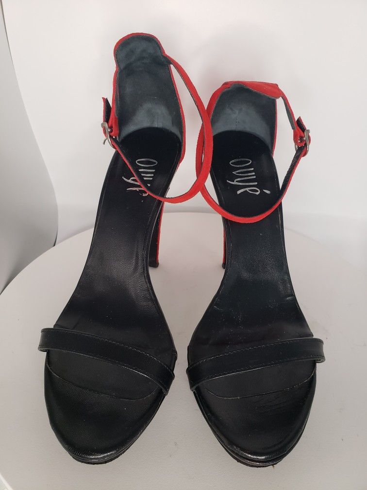 Italian Leather Red And Black Sandals, 7.5