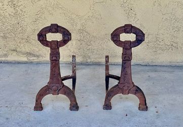*Antique / Vintage Cast Iron Pair Andirons Fireplace Log Holders - “1800s”