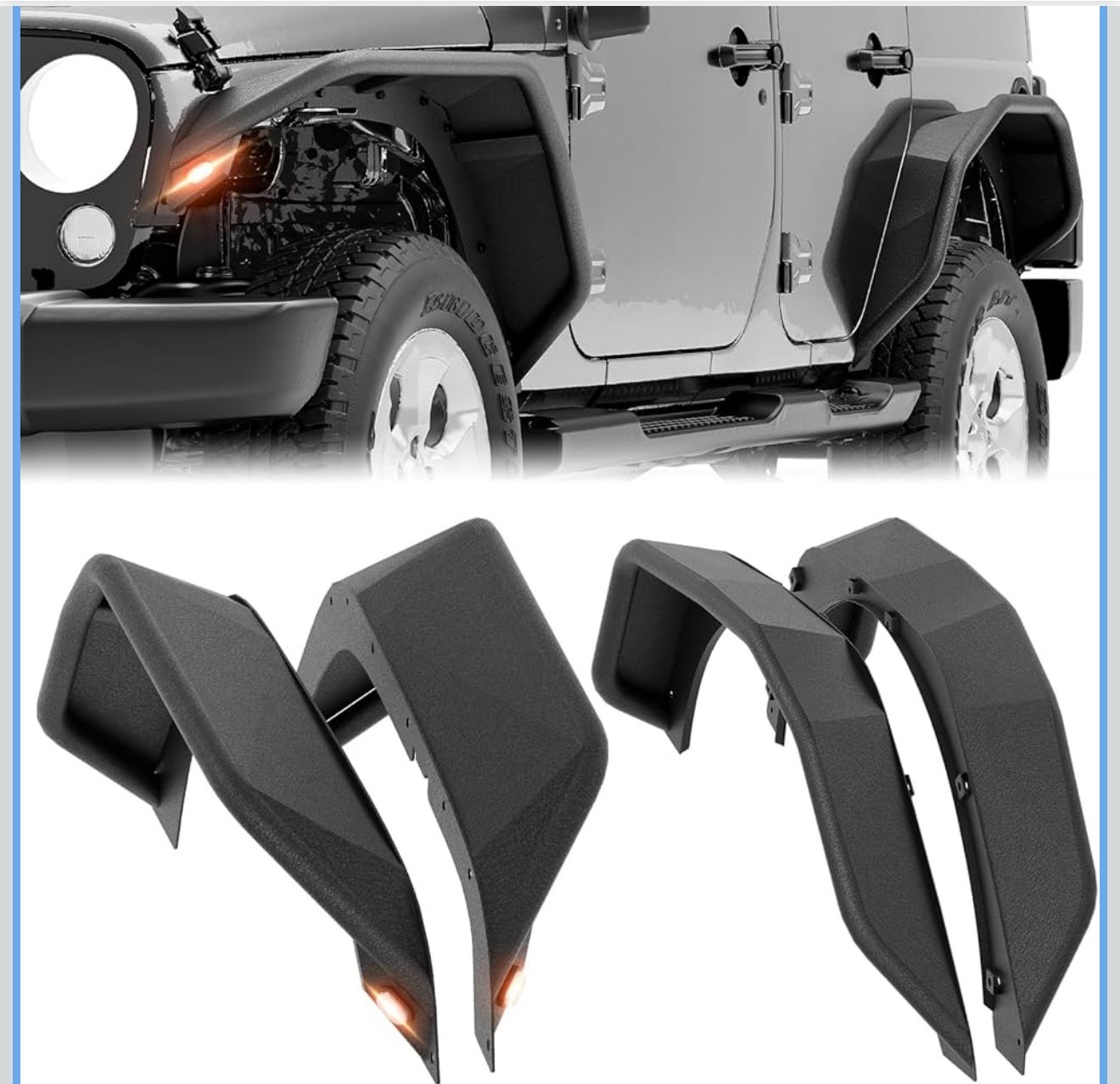 for JK JKU Tubular Front & Rear Fender Flares Compatible with 2007-2018 Jeep Wrangler JK JKU Unlimited 2/4 Doors with Turn Signal Lights, 4-PCS Tube M