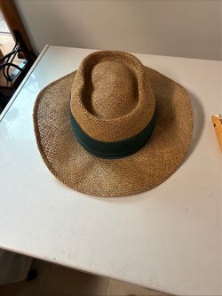 Panama Straw Hat with Dark Green Multi Fabric Band Wide Brim