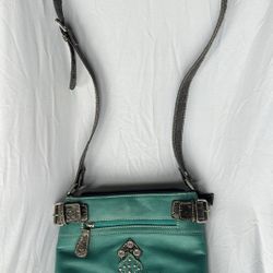 Western Themed Turquoise & Brown Faux Leather Crossbody Purse with Cross Design