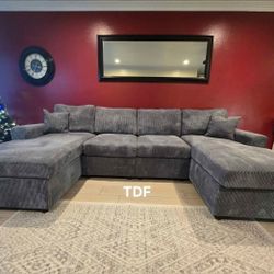 Brand New Grey Corduroy Sectional Sofa w/Double Chaise (New In Box) 