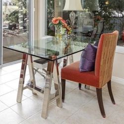 Glass Desk Table with Silver Sawhorse Stand