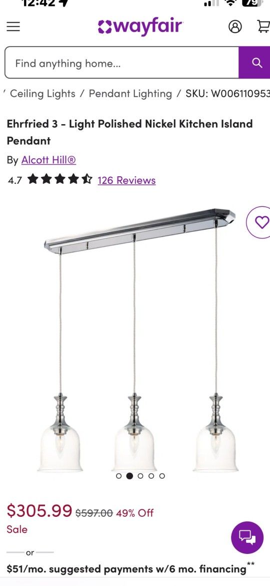 Polished Nickel Kitchen Island Pendant .
